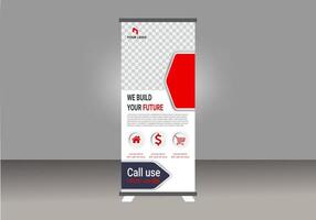 Roll up banner design layout stand with red and white design vector