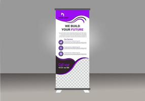 Roll up banner design stand with purple and white design vector