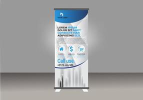 Roll up banner stand with a blue and white design vector