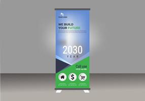 Roll up banner design layout with a green and blue design vector