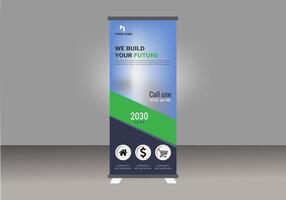 Roll up banner design layout stand with a green and blue design vector