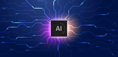 Abstract futuristic circuit board with Artificial intelligence logo. Quantum computer technology blue background. vector
