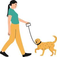 A woman walking a dog with a leash vector