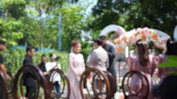 blur of a couple of bride and groom who are declaring their vows in front of a priest or vicar in carrying out the traditional wedding procession in an outdoor garden. out of focus, abstract video