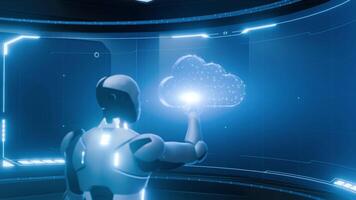 uma futurista ai robô examina uma nuvem Informática interface, simbolizando nuvem armazenar, dados análise, e avançado rede tecnologia dentro uma digital ambiente. video