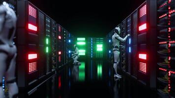 AI Robots Managing Data in Server Room video