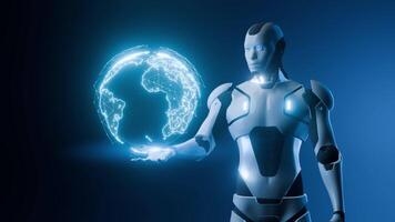 A futuristic AI robot holds a glowing digital globe hologram, symbolizing global connectivity, data management, and advanced communication networks. video