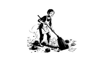The animation forms a sketch of an icon of a person sweeping the floor video