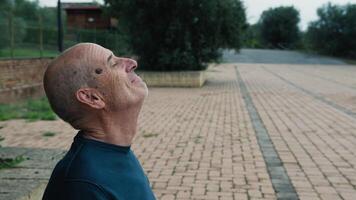 Elderly Bald Man With Happy Smile Under A Tree In The Evening video