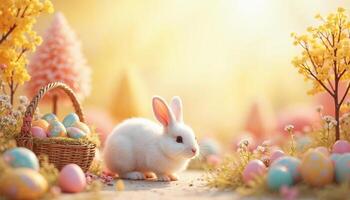 A white rabbit is sitting in front of a basket full of easter eggs photo
