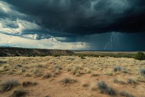 Storm clouds loom ominously over the dry, cracked earth of the desert, signaling a powerful thunderstorm approaching at twilight. photo