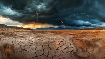Dark clouds gather ominously above the dry, cracked earth of the desert, illuminated by occasional flashes of lightning in the distance. photo
