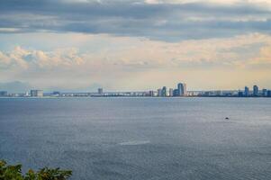 panoramic view of Da Nang city in Vietnam in summer in cloudy weather from above from drone photo
