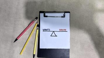 Concept of Wants or Needs write on paperwork isolated on wooden background. photo