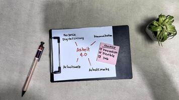 Concept of Arbeit 4.0 on German Language write on paperwork isolated on Wooden Table. German Language it means Work photo