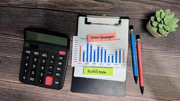 Concept of Verordnungen and Richtlinien on German Language write on sticky notes isolated on Wooden Table. German Language it means regulations and guidelines photo