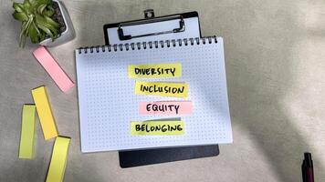Concept of Diversity, Inlcusion, Equity, Belonging write on sticky notes isolated on Wooden Table. photo