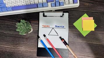 Concept of Theory or Practice write on paperwork isolated on wooden background. photo