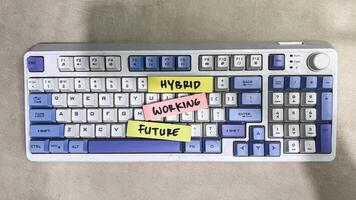 Concept of Hybrid, Working, Future write on sticky notes isolated on Wooden Table. photo