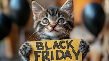 The cute cat subtly creates a sense of anticipation while advertising Black Friday, making it the perfect holiday look for the shopping season. photo
