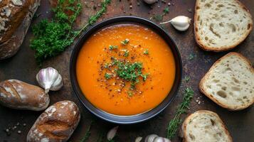 A hearty bowl of pumpkin soup of pumpkin, fresh thyme, and a drizzle of cream, surrounded by slices of crusty bread and garlic cloves. photo