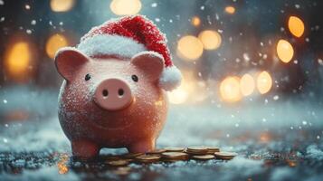 A charming piggy bank in a Santa hat and and coins,brings holiday joy, nestled in snow with golden bokeh lights in the background. The snowfall adds to the wintry, festive mood. photo