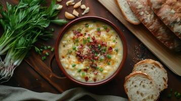 A colorful bowl of soup with potatoes, crispy bacon and fresh herbs, garnished with green onions and grated cheese next to slices of bread. photo