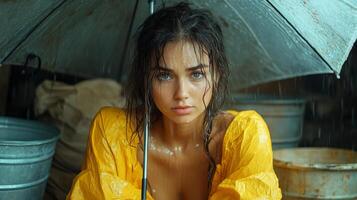 A woman with rain-wet hair sat under a worn umbrella. The industrial backdrop and muted colors enhance the mood of resilience and introspection. photo