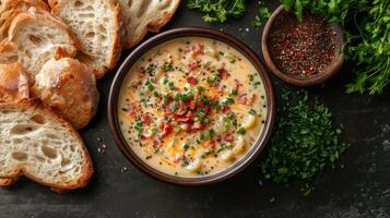 A colorful bowl of soup with potatoes, crispy bacon and fresh herbs, garnished with green onions and grated cheese next to slices of bread. Dark, textured background. photo