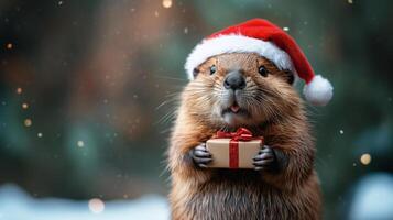 Beaver holding a Christmas present. photo