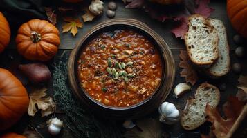 Hearty autumn pumpkin stew with rustic bread. photo