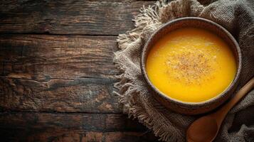 Creamy pumpkin soup served in a rustic ceramic bowl. The golden color and texture are reminiscent of the cozy aromas of autumn. photo