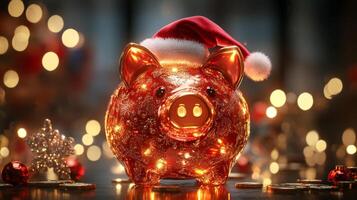 A glowing cheerful piggy bank in a Santa hat stands on a table, surrounded by soft glowing holiday lights. Creating a magical Christmas atmosphere. photo