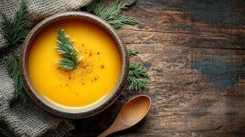 A warm bowl of creamy pumpkin soup is served in a rustic ceramic bowl on a rustic table, garnished with fresh herbs. The golden color and texture are reminiscent of the cozy aromas of autumn. photo