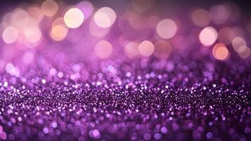 An enchanting field of purple glitter with delicate bokeh lights creates a whimsical and luxurious visual. The depth of field draws focus to the sparkles in the foreground. photo