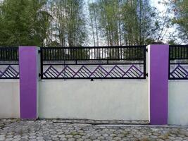 A modern fence with a purple accent wall and pillars. The fence features a geometric design and is situated in front of a bamboo grove. photo