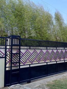 A modern, minimalist sliding gate with a black frame and purple accents in front of a green bamboo fence. photo
