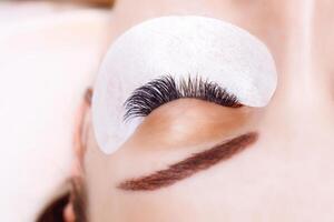 Eyelash Extension Procedure. Woman Eye with Long Eyelashes. Lashes, close up, macro, selective focus. photo