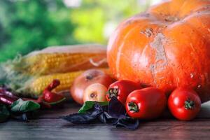 Fresh vegetables on a dark table. Autumn background. Healthy eating. Pumpkin, bell peppers, paprika, tomatoes,basil, onion, corn cob. selective focus. photo