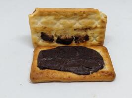 close-up view of a biscuit sandwich with a thick layer of dark chocolate filling. The texture of the biscuit contrasts with the smooth, glossy chocolate spread, creating a tasty visual. photo