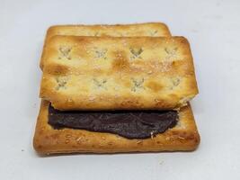 A close-up of a chocolate-filled biscuit, with one half lifted. The image captures the enticing texture contrast, perfect for showcasing a simple yet satisfying dessert. photo