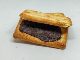 A tempting open view of a chocolate-filled biscuit, emphasizing the glossy chocolate against the crisp biscuit. The presentation invites dessert lovers to enjoy this delectable treat. photo