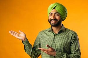 Young adult Sikh man in formal shirt smiling and pointing to the side with open palm as if inviting to see something. Salesman concept photo