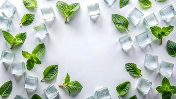 Top view flat lay background with small quantity of ice cubes, couple of fresh mint leaves, big copy space in the center, white background, soft morning light photo