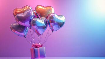 Heart shaped balloons lifting gift box on gradient background photo