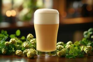 Glass of cold beer with foam and hops on wooden table in blurred pub background photo