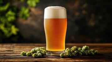 Glass of cold beer with hop cones on wooden table photo