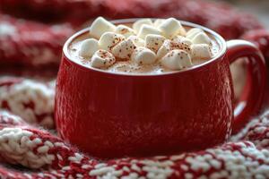 Steaming hot chocolate topped with marshmallows and cinnamon creates a cozy winter scene photo