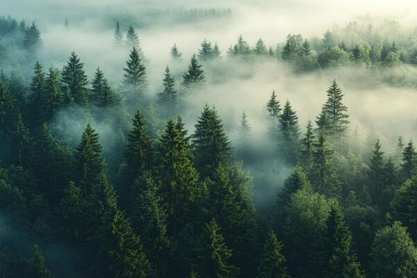 Fog rolling over evergreen coniferous forest creating magical atmosphere