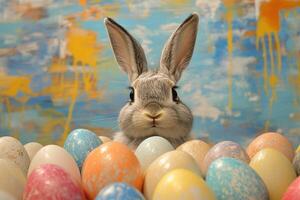 Cute easter bunny peeking over colorful eggs with abstract background photo
